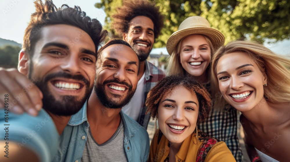 Obraz premium A diverse group of friends, consisting of both males and females, capturing a selfie using a smartphone while being outdoors. They are all wearing smiles on their faces, conveying Generative AI