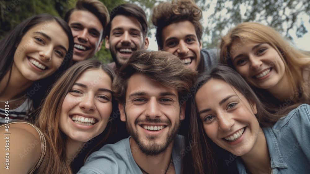 A diverse group of friends, consisting of both males and females, capturing a selfie using a smartphone while being outdoors. They are all wearing smiles on their faces, conveying Generative AI A diverse group of friends, consisting of both males and females, capturing a selfie using a smartphone while being outdoors. They are all wearing smiles on their faces, conveying Generative AI