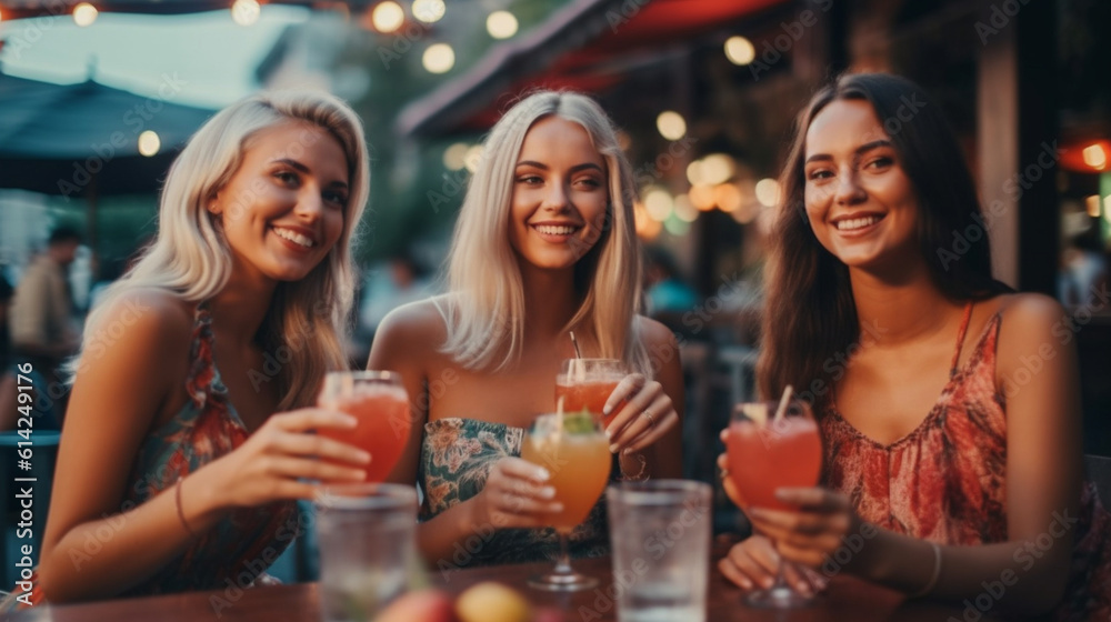 Three attractive, youthful ladies savoring refreshing cocktails while seated at a table in a bar-restaurant setting. The cheerful female companions are relishing their summertime v Generative AI