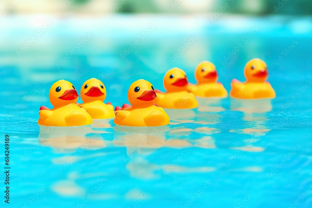 A group of yellow rubber ducks swim in a summer pool. Ai generated. A group of yellow rubber ducks swim in a summer pool. Ai generated.