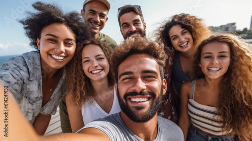 A diverse group of friends, consisting of both males and females, capturing a selfie using a smartphone while being outdoors. They are all wearing smiles on their faces, conveying Generative AI