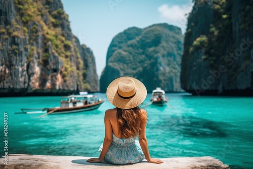 breathtaking vistas of Vietnamese bays, a Western female tourist immerses herself in tropical havens, a true paradise for vacationers. Ai generated. © Joaquin Corbalan