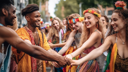 A gathering of individuals from the LGBTQ+ community interlocking their hands in an outdoor setting - A joyous assortment of friends with different backgrounds embracing one anothe Generative AI