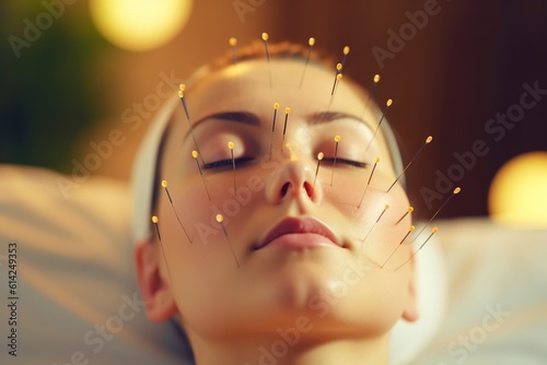 Beautiful woman in clinic , face with acupuncture needles. AI generated.