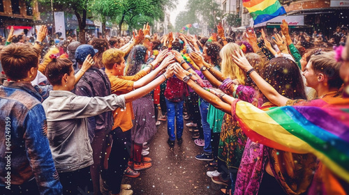 A gathering of individuals from the LGBTQ+ community interlocking their hands in an outdoor setting - A joyous assortment of friends with different backgrounds embracing one anothe Generative AI photo