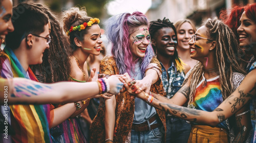 A gathering of individuals from the LGBTQ+ community interlocking their hands in an outdoor setting - A joyous assortment of friends with different backgrounds embracing one anothe Generative AI