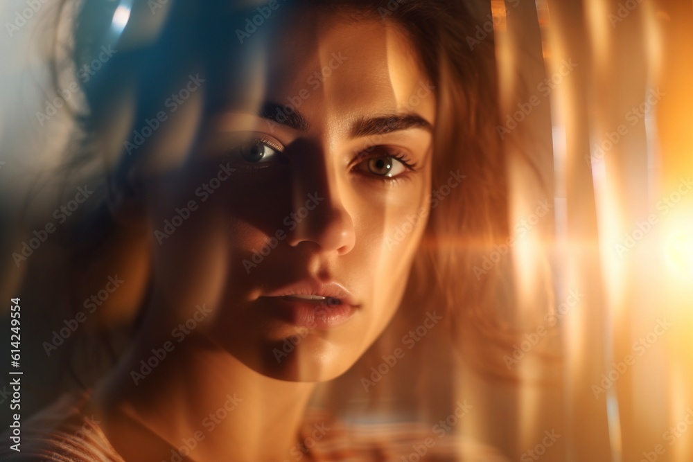 Portrait of a young woman with an intense and romantic look. Ai generated.
