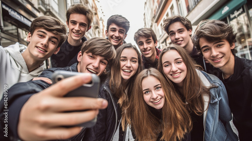 Group of teenagers posing happily with smartphones in hand, captured in a wide-angle shot. Generative AI