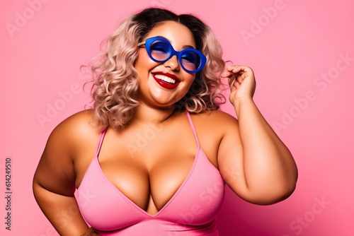 Plump plus size model smiles at the camera and proudly shows off her body. AI generated.