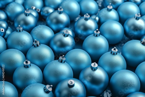 Lots of blue christmas balls, condensed background. Ai generated.