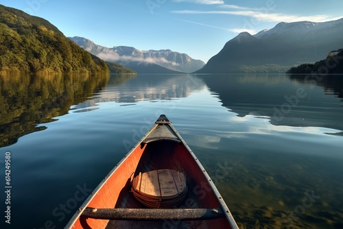 The morning mist cools the calm lake on which a lone canoe floats. Ai generated.