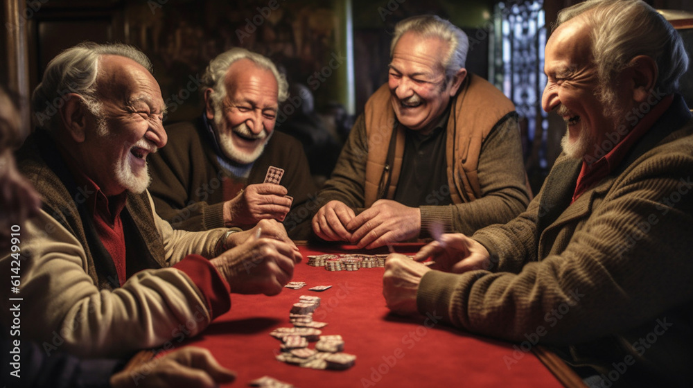 Spontaneous photograph of elderly individuals engaging in a vibrant social gathering, immersed in a spirited card game while sharing heartfelt laughter, encapsulating the sheer bli Generative AI Spontaneous photograph of elderly individuals engaging in a vibrant social gathering, immersed in a spirited card game while sharing heartfelt laughter, encapsulating the sheer bli Generative AI