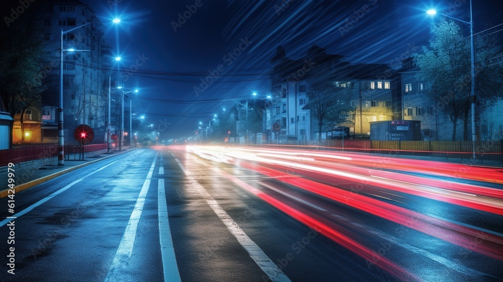 Road with light trails of passing vehicles. Motion speed light in city. Dynamic background. Town at night with speed traffic. Generative AI. Illustration for banner, poster, cover or presentation.