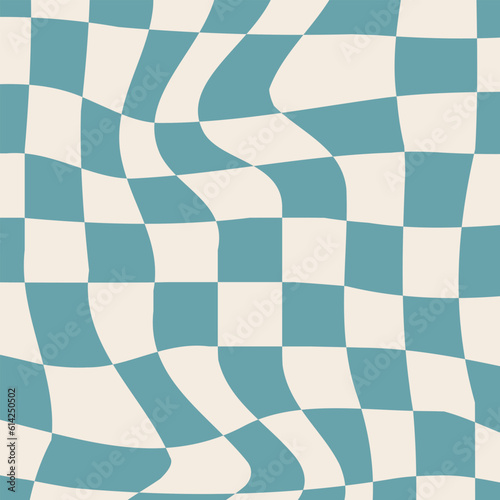 Retro 70s hippie groovy background, vector. Blue checkered pattern. Blue distorted checkered pattern.