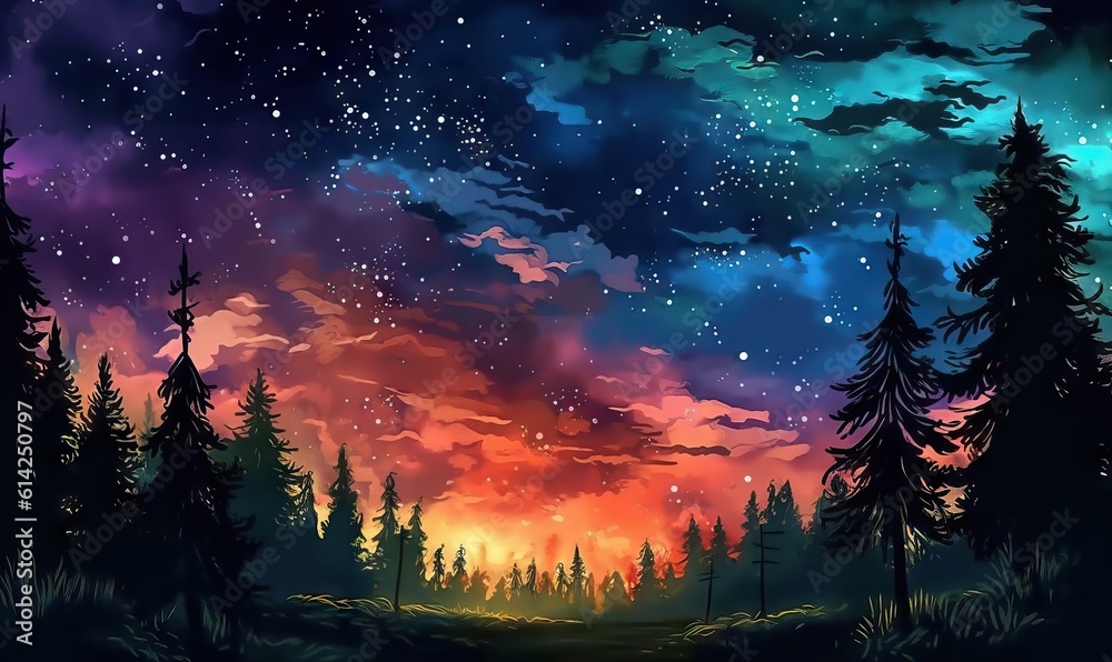 red sky at Sunset Anime summer landscape Starry sky illustration poster