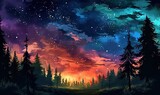red sky at Sunset Anime summer landscape Starry sky illustration poster