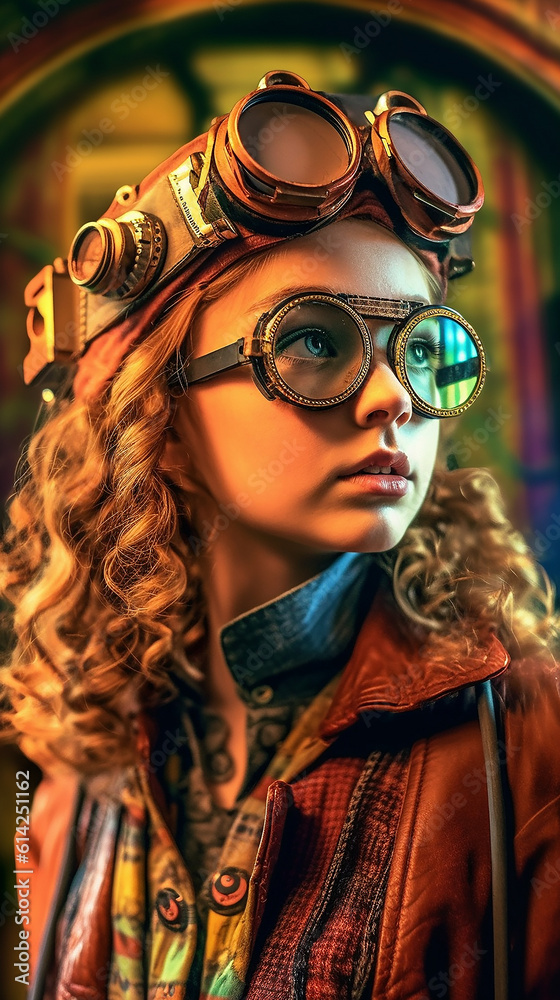 Generative AI. Steampunk portrait of a female in steampunk VR glasses