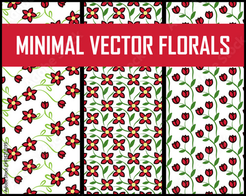 set of seamless patterns, red dainty small florals, simple pattern 