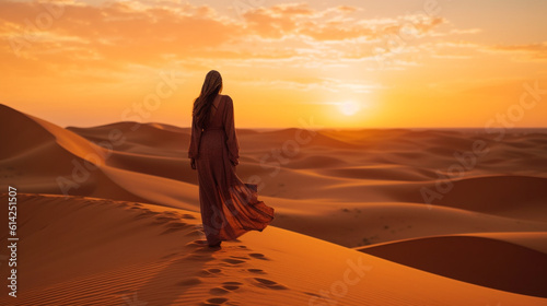 A female adorned in a hijab strolling amidst the vast expanse of desert sand dunes during the enchanting moments of sunset  embodying the essence of wanderlust  well-being  happine Generative AI