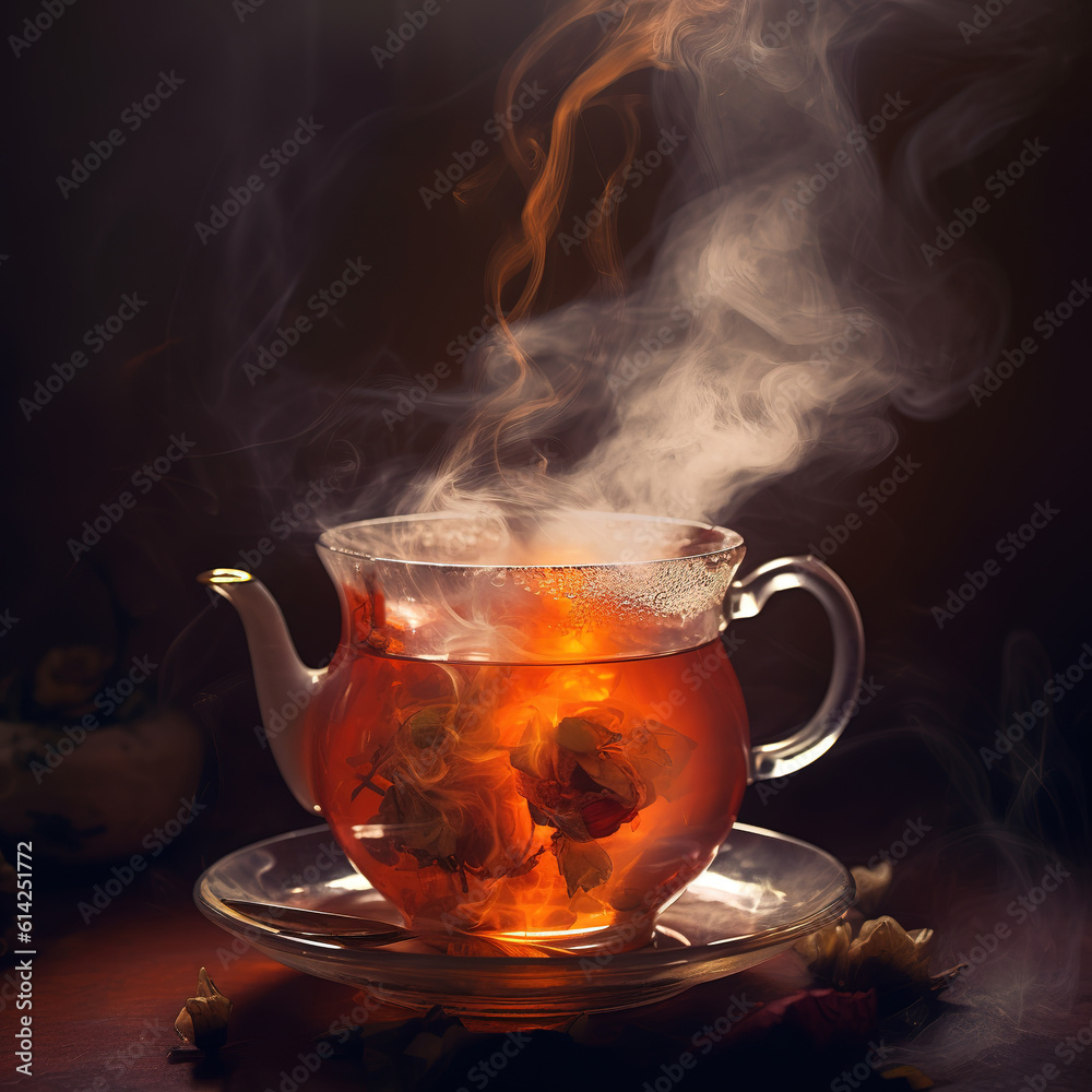 Hot tea is steamed in a glass teapot on a rustic table. Autumn drink. Generative AI
