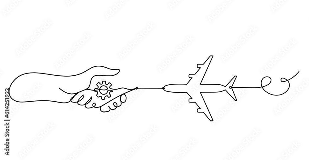 Abstract handshake and plane as line drawing on white background Abstract handshake and plane as line drawing on white background