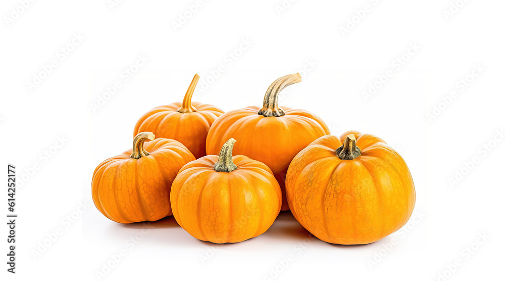 Bright pumpkins are isolated on a white background with space to copy. Bright orange vegetables. Generative AI Bright pumpkins are isolated on a white background with space to copy. Bright orange vegetables. Generative AI