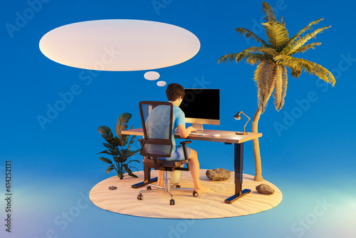 man sitting at pc office workplace in isolated tropical island environment  infinite background  workload stress burnout concept  3D Illustration