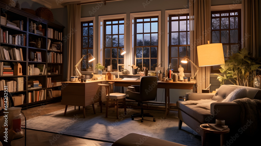 A cozy home office with warm lighting, comfortable furniture, and personal touches. A cozy home office with warm lighting, comfortable furniture, and personal touches.