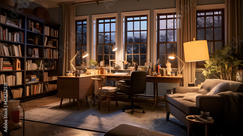 A cozy home office with warm lighting  comfortable furniture  and personal touches.