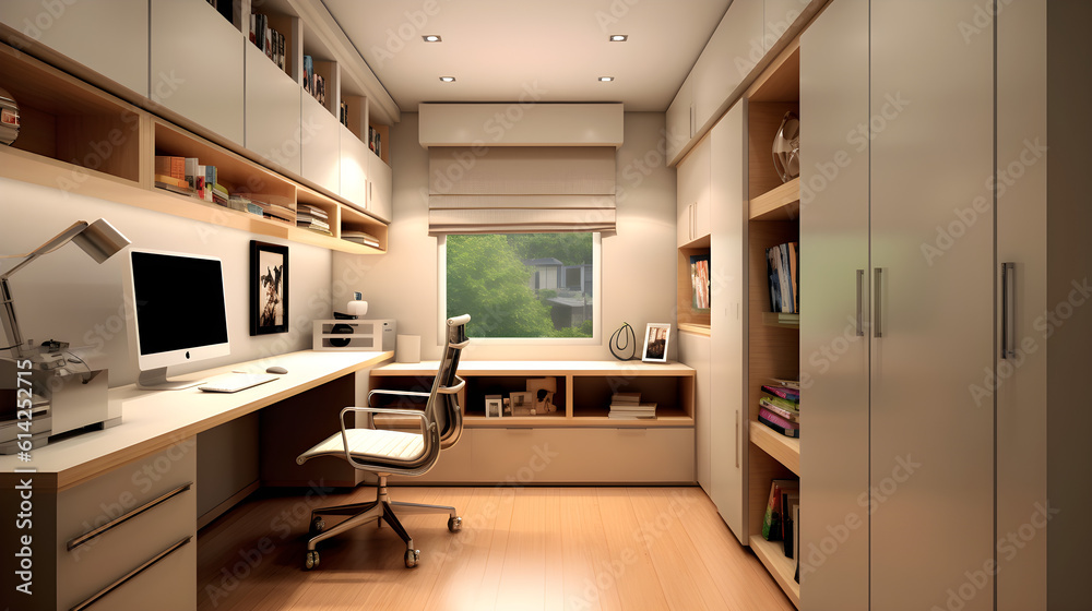 A compact and functional home office designed for maximum productivity in a limited space. A compact and functional home office designed for maximum productivity in a limited space.