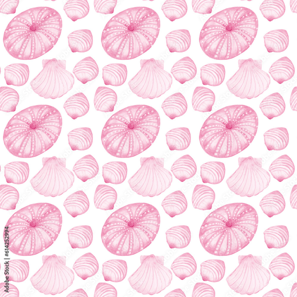 Watercolor set of sammer shell. Hand drawn cute pattern pink Shells on a white background. Use for banners posters texctiles cover wrapping paper Watercolor set of sammer shell. Hand drawn cute pattern pink Shells on a white background. Use for banners posters texctiles cover wrapping paper