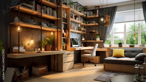 A cozy home office with warm lighting, comfortable furniture, and personal touches.