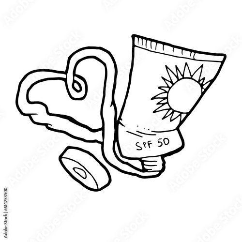 Hand drawn picture of a sunblock lotion tube isolated over white. Some product is forming a heart shape, cap aside