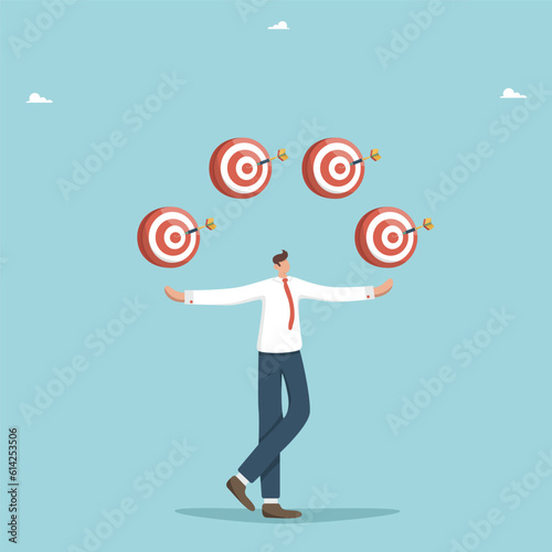Achieving goals, find a winning strategy for a new business, intelligence and logical thinking on the way to success, new opportunities for solving problem situations, man juggles with darts boards.
