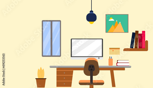 Business office interior vector design. Office study room with window, desk and computer.