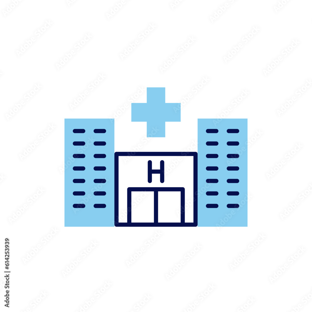 Hospital related vector line icon. Medical facility. Urgent care center. Hospital building. Primary care. Town clinic facade. Isolated on white background. Vector illustration. Editable stroke