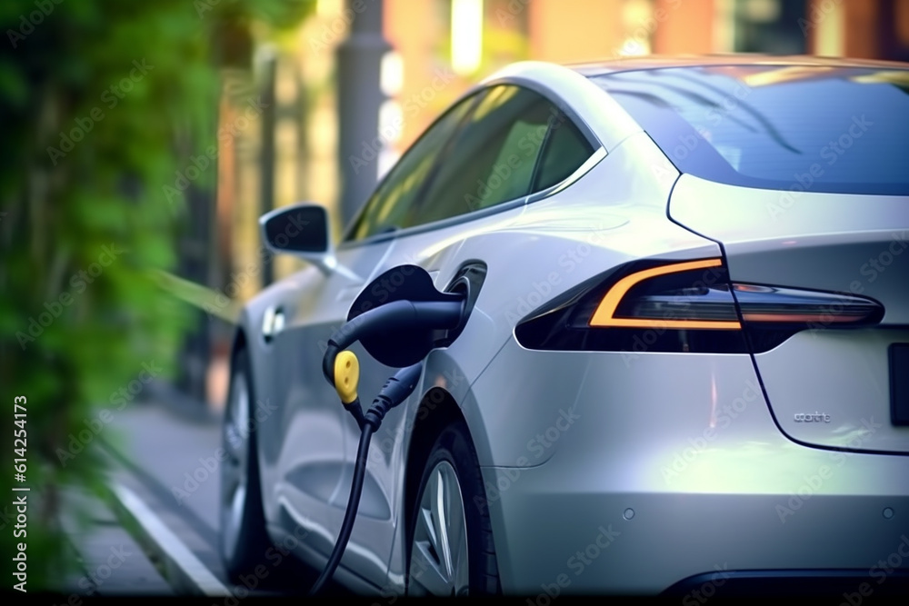 Closeup of electric vehicle plugged in with EV charger device from blurred background of public charging station powered by renewable clean energy progressive eco - friendly car concept. AI generative