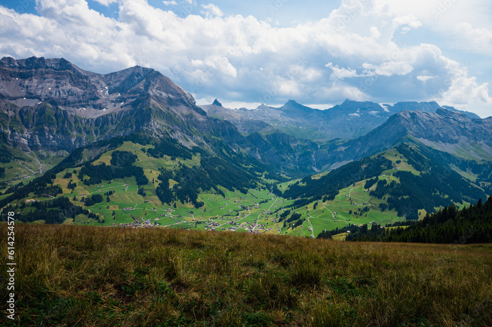 Fototapeta premium Adelboden, Switzerland - July 24, 2022 - Summer view of Adelboden village and city center