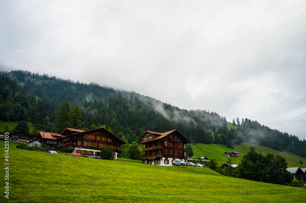 Adelboden, Switzerland - July 24, 2022 - Summer view of Adelboden village and city center Adelboden, Switzerland - July 24, 2022 - Summer view of Adelboden village and city center