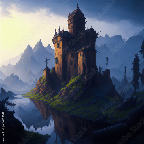 Old Castle on a Deserted Misty Mountain. 