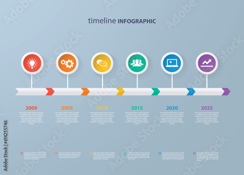 Infographics timeline template with realistic colorful circles for 6 steps and icons. Can be used for workflow layout, diagram, number options, step up options, web design, infographics, presentations