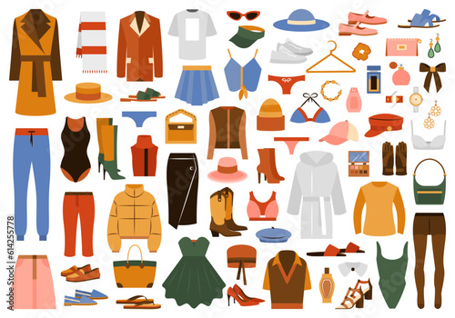 Vector set of casual clothing, shoes, accessories.