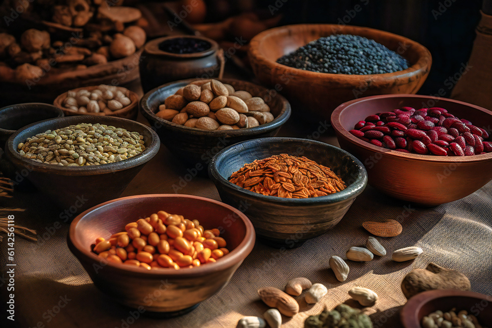 various types of beans and nuts in bowls on a table