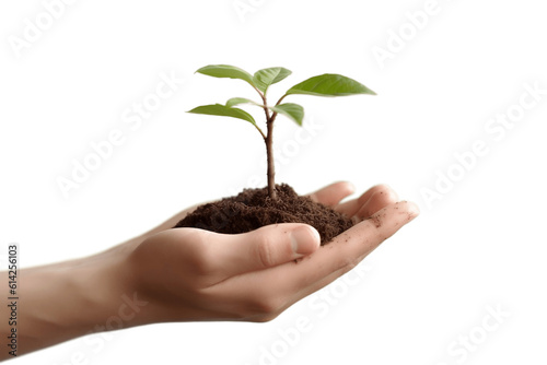 Close-Up of Hand Holding Growing Seedling on Transparent Background. AI