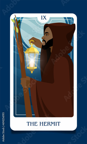 The card of the senior arcana is the hermit. Occult esoteric spiritual Tarot. Numerology and fortune telling. Create flat vector illustrations