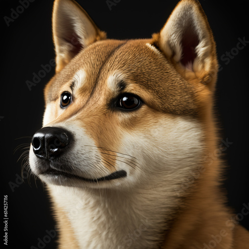 Studio shot with cute shiba inu dog portrait with the curiosity and innocent look as concept of modern happy domestic pet in ravishing hyper realistic detail by Generative AI.