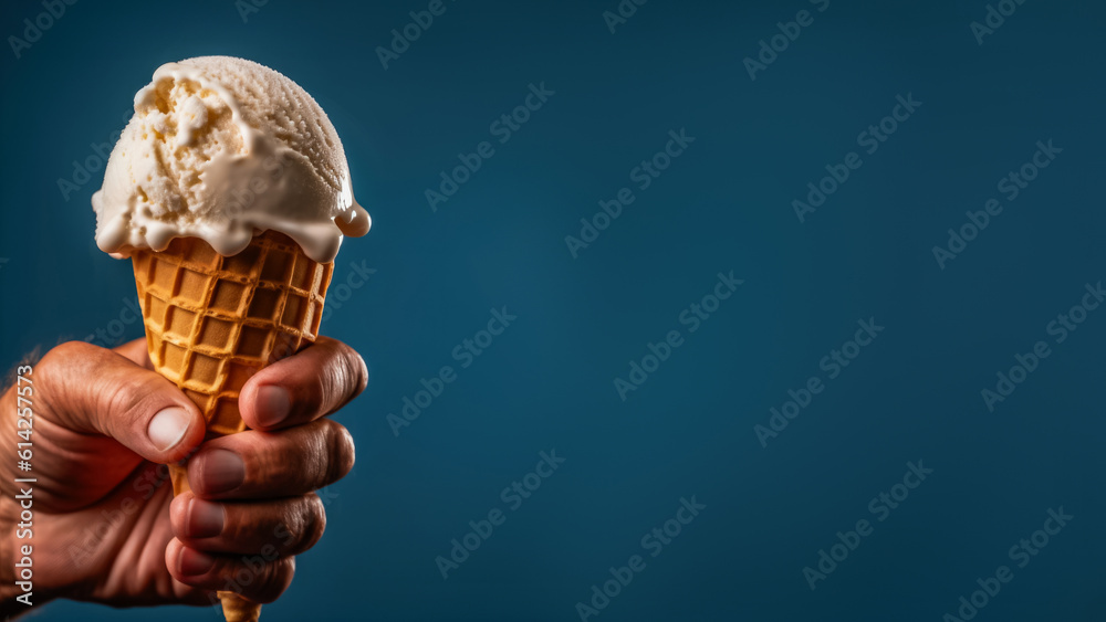 Hand of man holding ice cream cone background with a copy space, Generative AI Hand of man holding ice cream cone background with a copy space, Generative AI