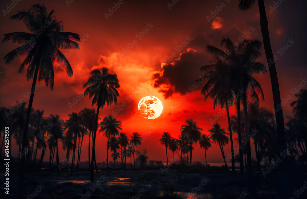 sun setting over palm trees