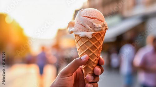Hand of a woman holding ice cream cone background with a copy space, Generative AI