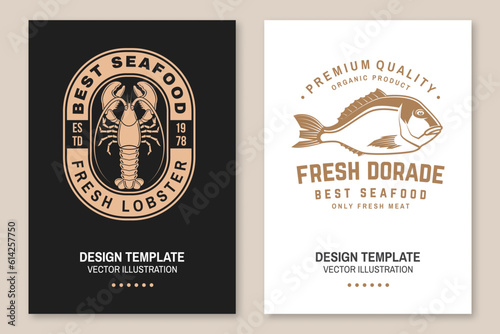 Set of fresh seafood retro poster, banner with lobster and dorado. Vector illustration. For seafood emblem, sign, patch, shirt, menu restaurants, fish markets, stores with lobster and dorade